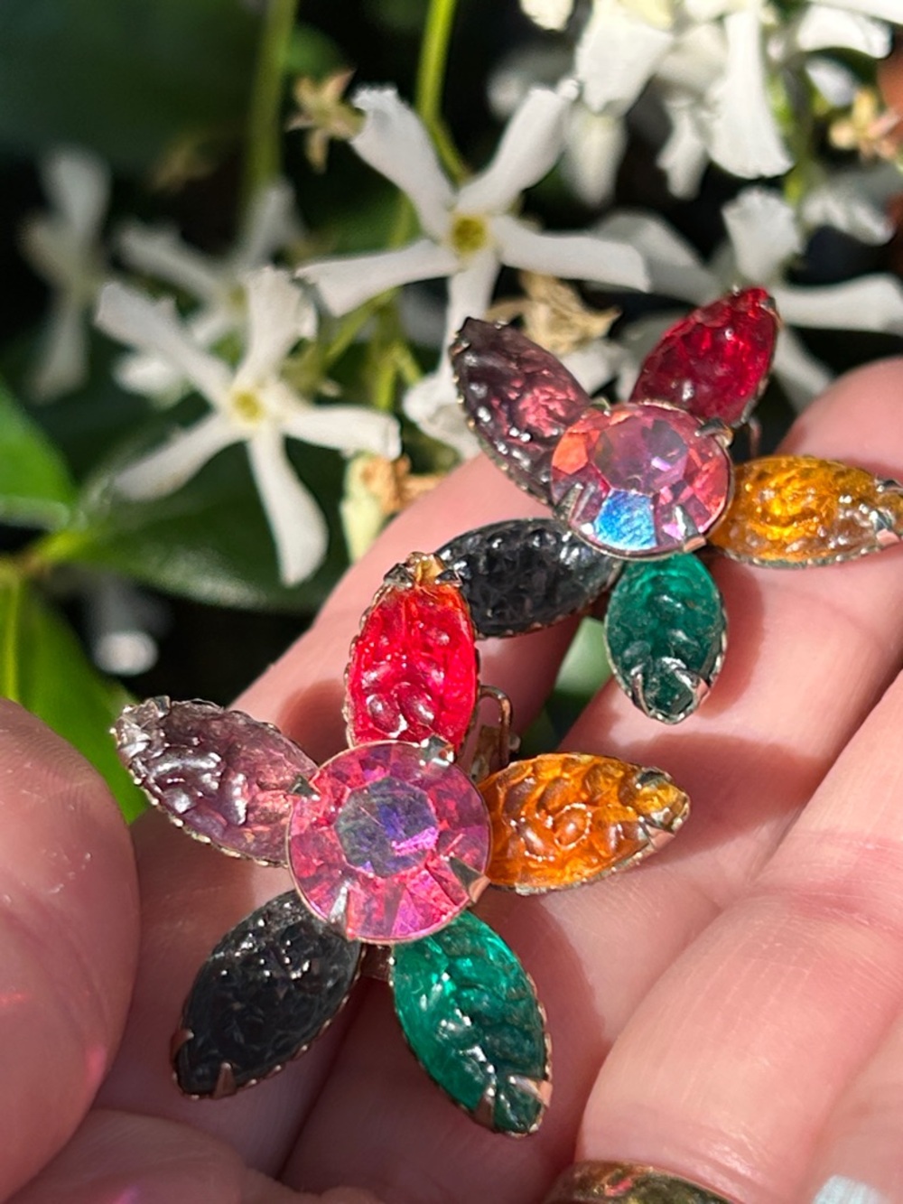 Vintage Multicolor Crystal Flower Clip-On Earrings